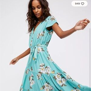 FP Movement by Free People Aqua Floral Tie-Waist Maxi Dress